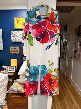 SHEIN White Floral Watercolor Print Long Shirt Jacket